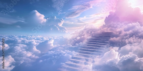 Ascending the stairway through clouds, a serene journey towards heavens gates