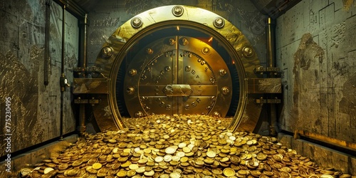 Behind vault doors, a sea of gold coins represents the ultimate bank treasure photo