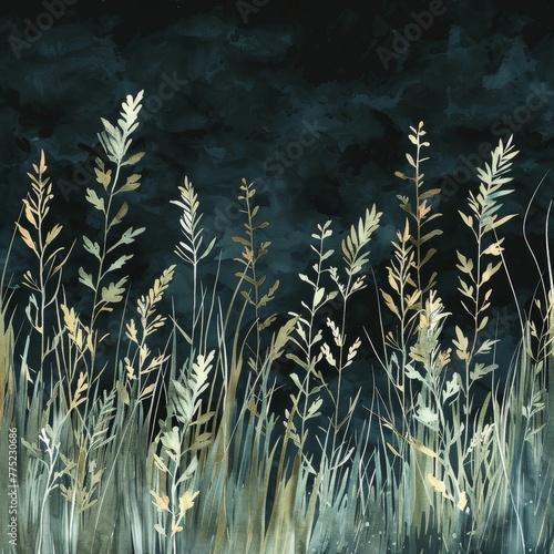 An expressive watercolor painting showcasing the delicate beauty of wild grass silhouettes against a moody  dark blue background.