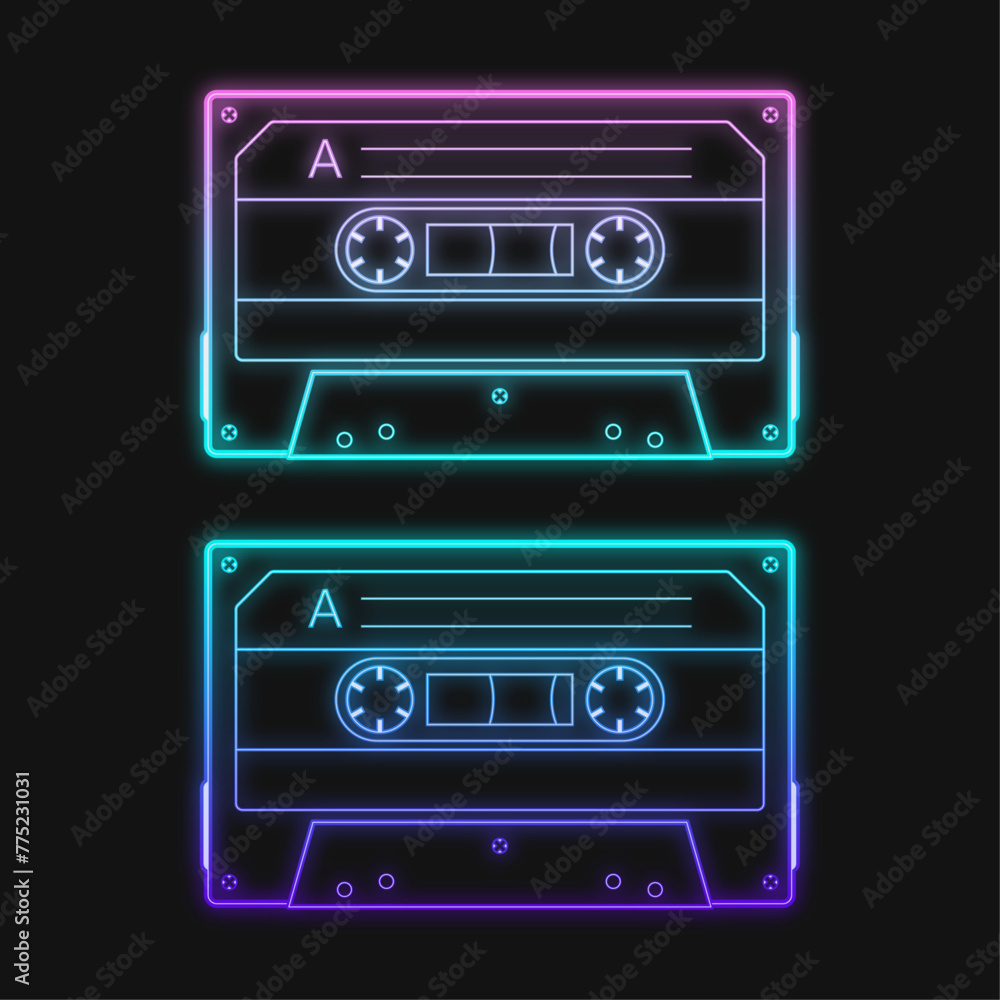 Fototapeta premium Neon retro audio blue cassette tape, a vector illustration set. Isolated on the black background