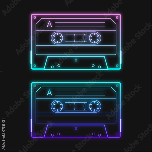 Neon retro audio blue cassette tape, a vector illustration set. Isolated on the black background