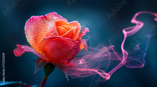 Macro shot of a red rose with dew drops, symbolizing love and romance in a beautiful natural setting