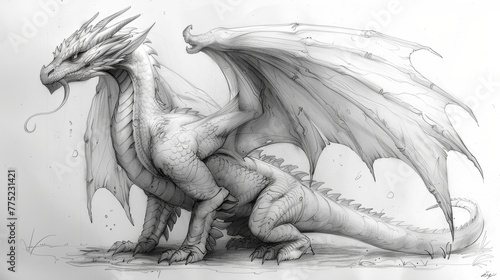 Sketch of a majestic dragon with spread wings