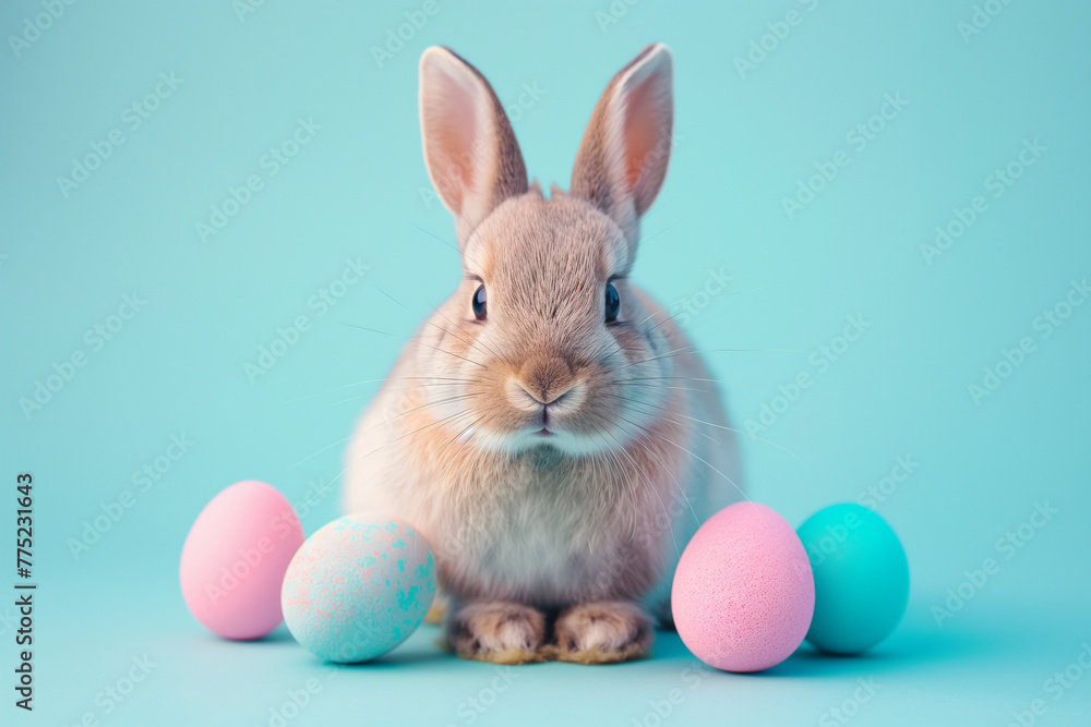Fototapeta premium Easter concept. Holiday celebration. Cute easter bunny. Rabbit with pastel easter eggs, isolated on blue background. 