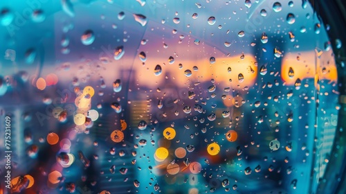 Raindrops on window glass with city lights bokeh