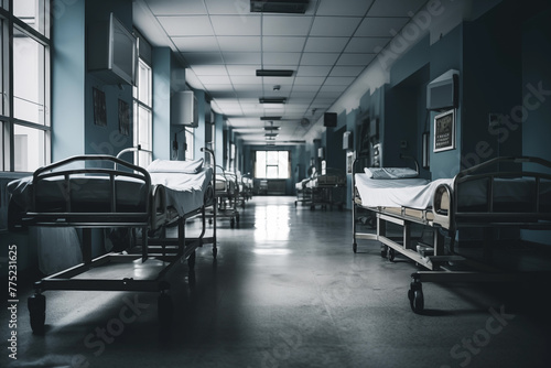 Interior of hospital hallway with empty beds and medical equipment. Generative AI photo