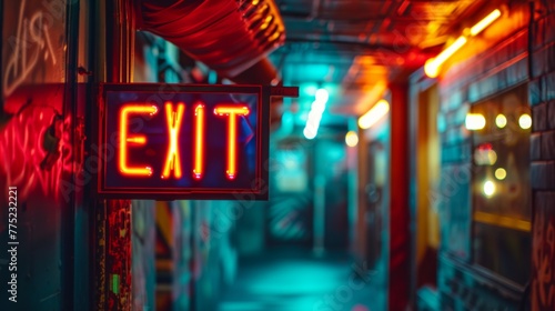 Neon exit sign in a dimly lit corridor