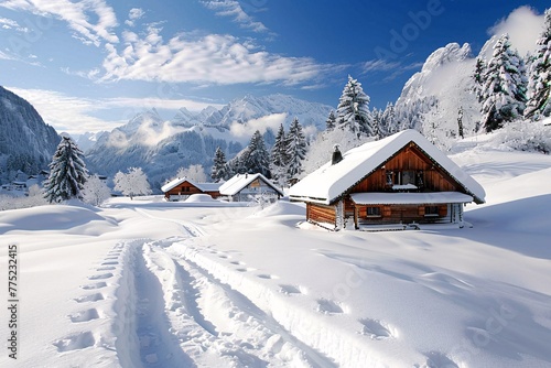 a snowy landscape with houses and trees