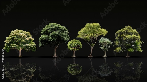 Tree set collection, isolated on black backgound Generative AI