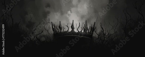 Silhouette of a crown with twisted branches against a cloudy sky