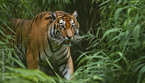 A Tiger Emerging From A Dense Thicket photo