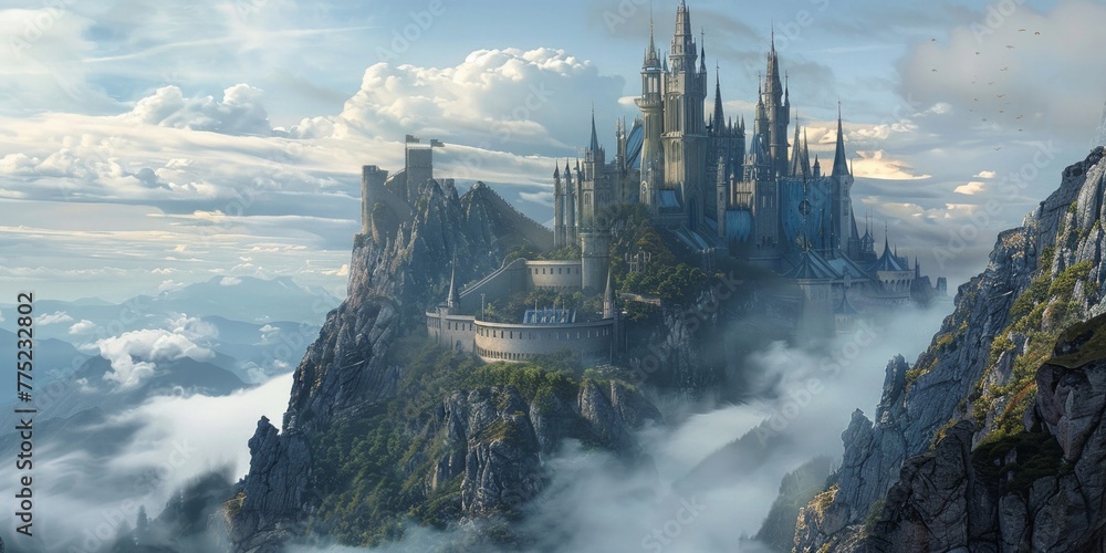 Fototapeta premium Mystical and majestic, a fantasy castle rises from the mountain, touching the clouds