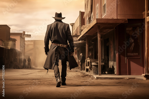Cowboy wearing coat and hat walking across the street holding a gun. Generative AI photo