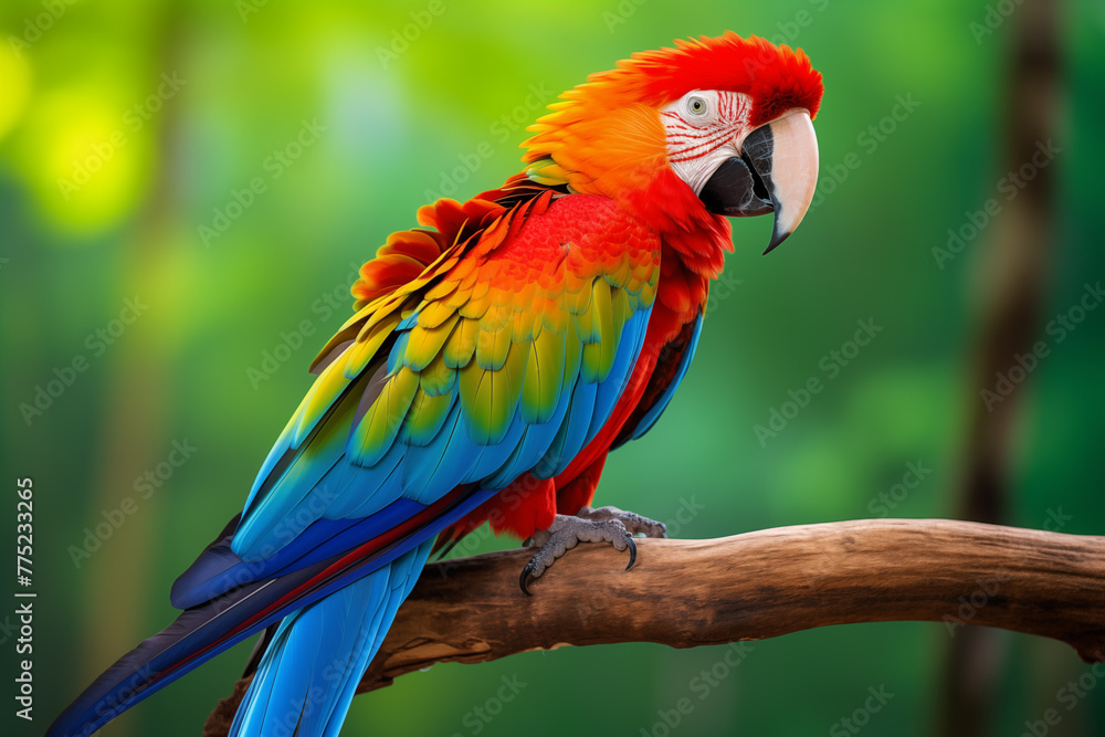 Colorful parrot perched on a wooden branch. Generative AI