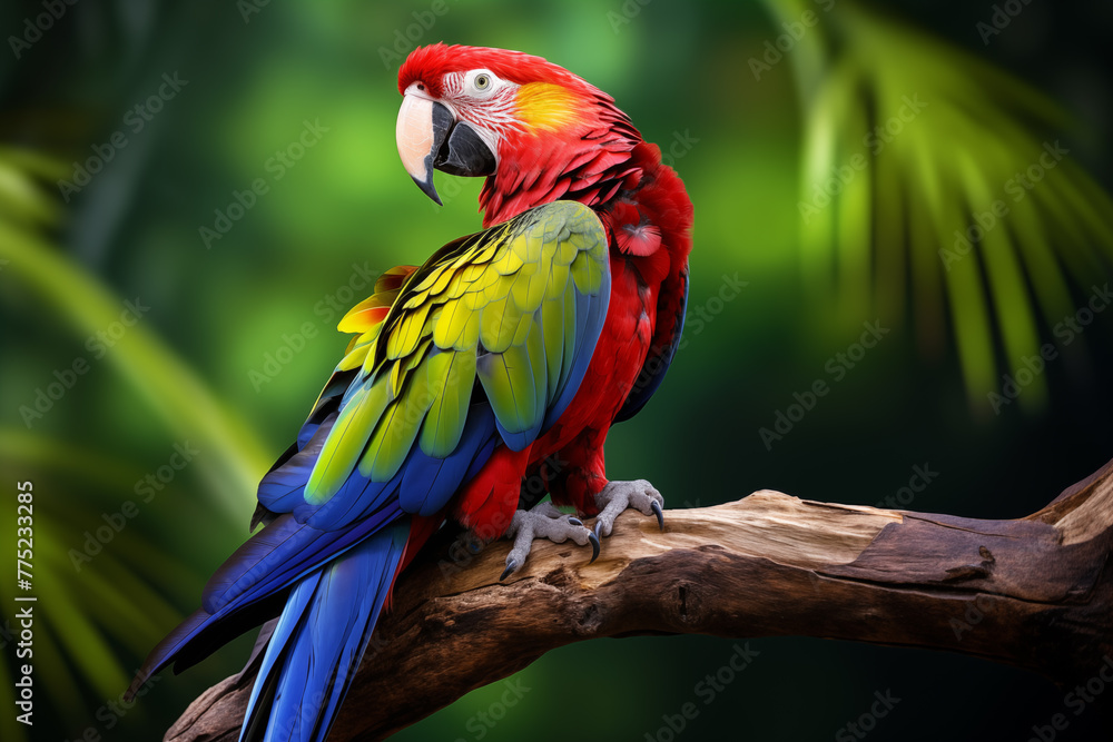 Parrot perched on a wooden branch, its feathers a brilliant array of vibrant colors as it chirps happily. Generative AI