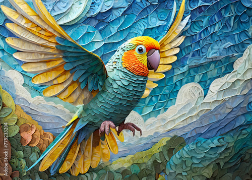 Colorful parrot with open wings  paper cut art style.  AI generated image photo