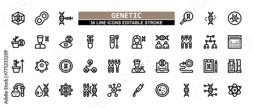 36 Genetic Line Icons Set Pack Editable Stroke Vector Illustration.