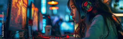 Intense Female Gamer in a Neon-Lit Room Playing Online Games, Online Cafe photo