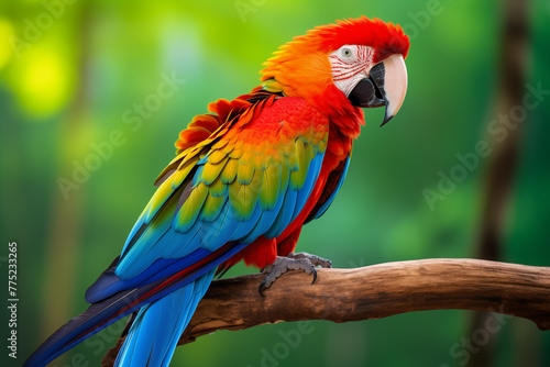 Colorful parrot perched on a wooden branch. Generative AI © Nomad_Soul