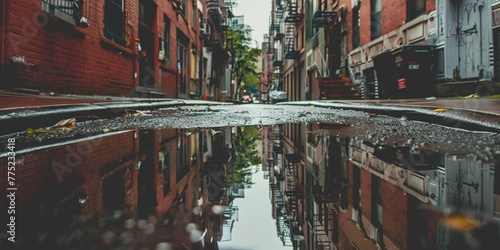 Puddle reflections in a narrow alley, the essence of gloom in the urban landscape