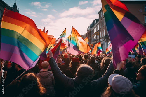 Peaceful demonstration in support of LGBTQ rights, with colorful flags waving. Generative AI © Nomad_Soul