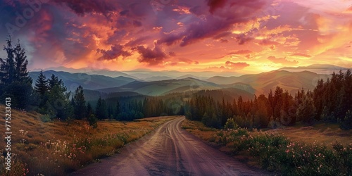 Scenic mountain road at sunset, a journey through natures masterpiece