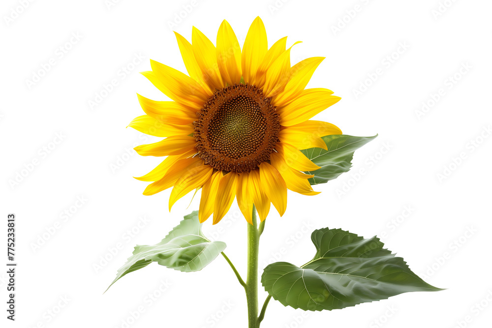 Classic Sunflower with Leaves Isolated on White Transparent Background, PNG
