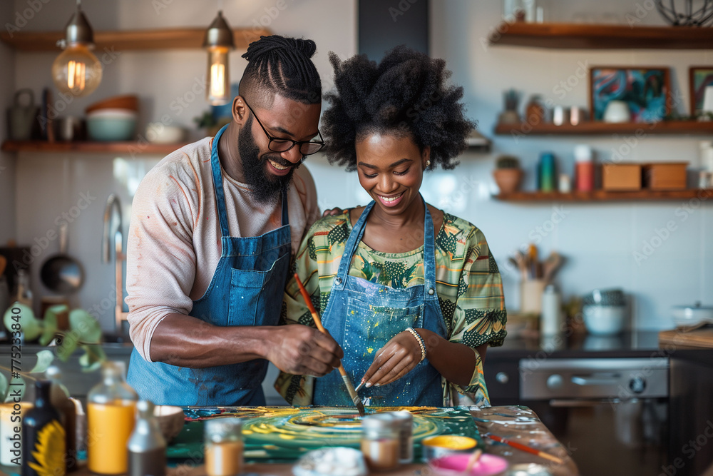 Fototapeta premium Joyful Couple Painting Together in a Home Workshop