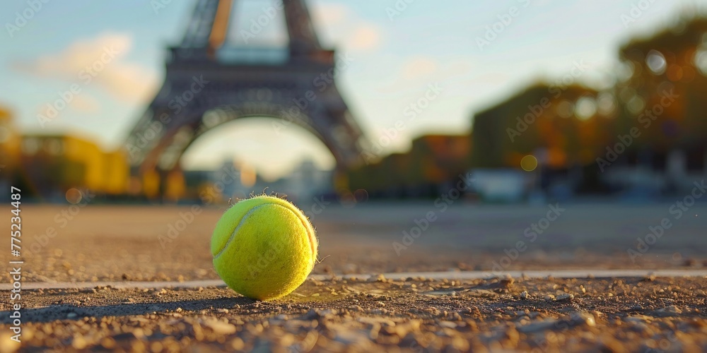 The Eiffel Tower watches over a lone tennis ball, a Parisian moment captured in sharp focus