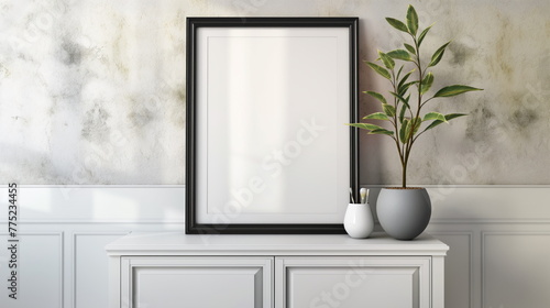 Mock up poster frame on cabinet in interior  contemporary living room featuring a lush plant and a sleek picture frame on the wall