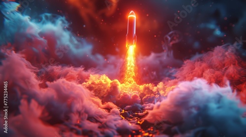 Space rocket launch amid clouds and flame