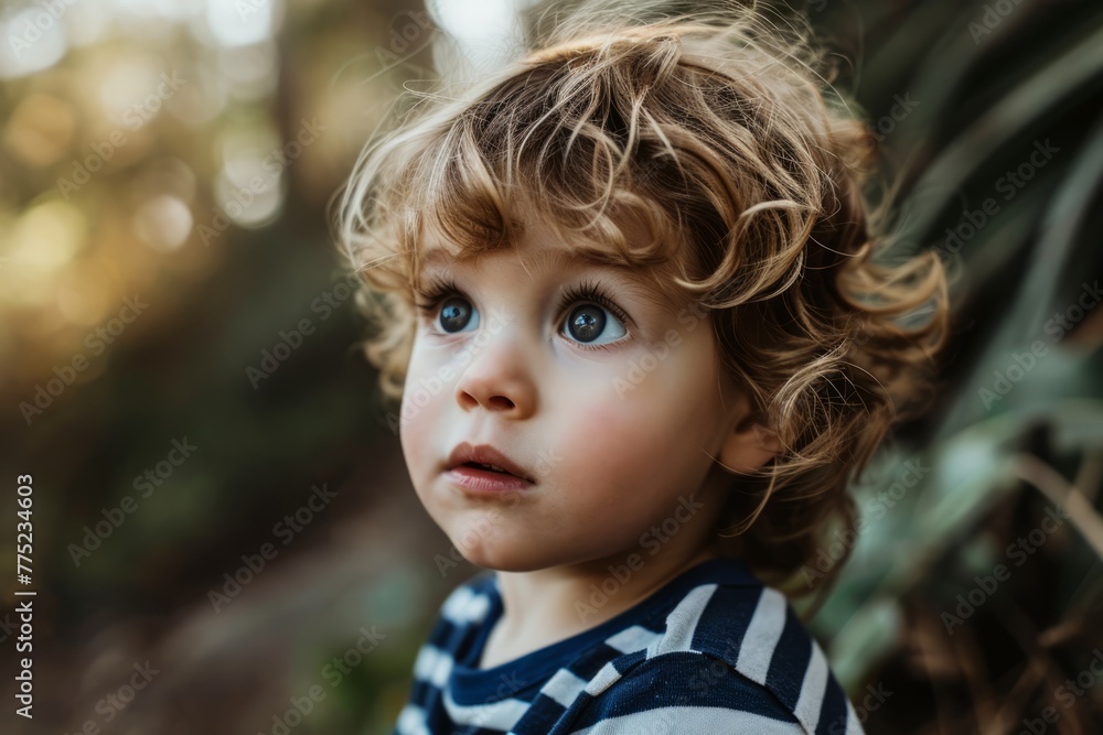 Portrait of a beautiful little boy with curly hair in the park Portrait of a beautiful little boy with curly hair in the park