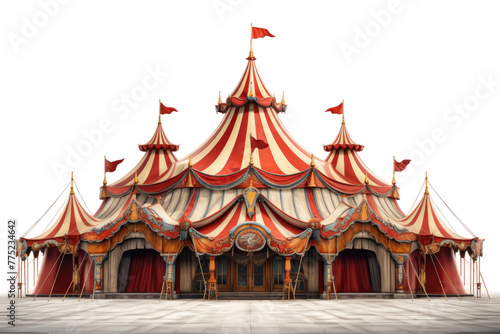 Majestic Circus Tent With Fluttering Flag. White or PNG Transparent Background.