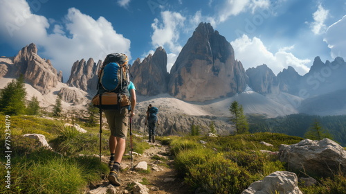 Backpackers Hiking Through Majestic Mountain Range, Outdoor Adventure Travel © Mars0hod