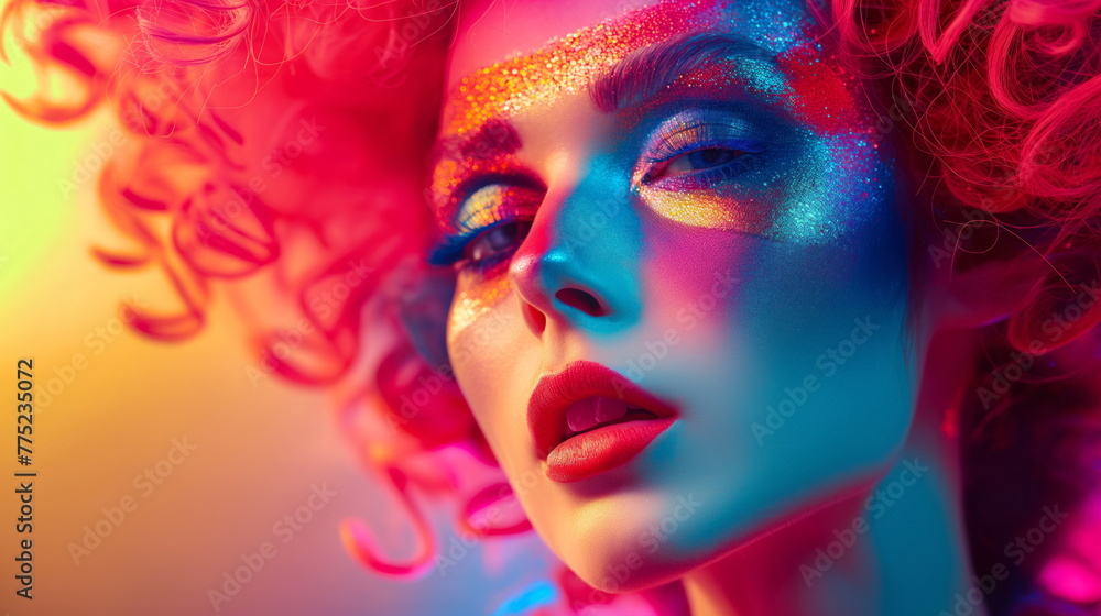 Portrait of a extravagant woman with crazy hairstyle and futuristic makeup, vivid shiny colors