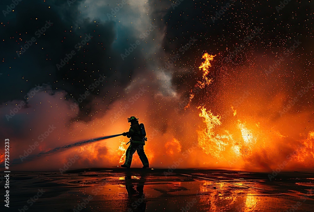 Firefighters using high pressure water to extinguish fires and save lives. silhouette concept.