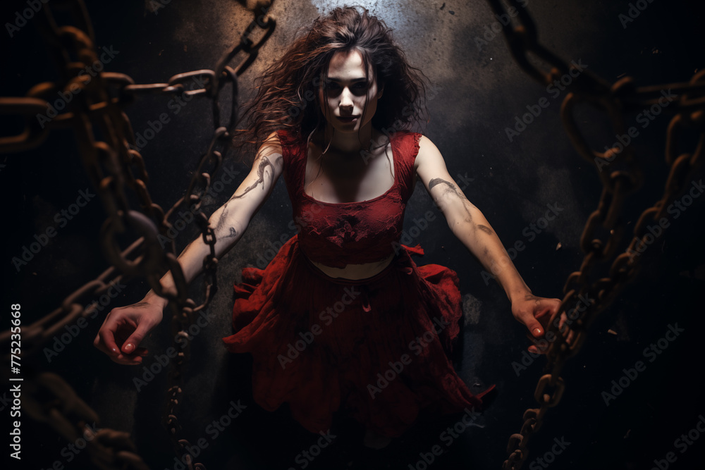 Expressive woman in a torn, bloodstained dress, under a harsh spotlight from above. Generative AI Expressive woman in a torn, bloodstained dress, under a harsh spotlight from above. Generative AI