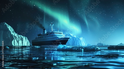 Icebreaker in the North Sea, among ice floes. Northern Lights-aurora borealis. Icebreaker sails through stunning Arctic landscape of ice floes. © Евгений Федоров