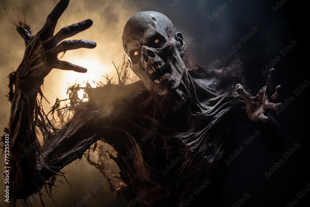 Zombie reaching out menacingly with shredded clothing and rotting flesh, under a dramatic spotlight. Generative AI Zombie reaching out menacingly with shredded clothing and rotting flesh, under a dramatic spotlight. Generative AI