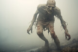 Scary zombie staggering forward with prosthetic wounds and ripped clothing, enveloped in fog. Generative AI