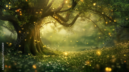Enchanted Forest Glade with Magical Fireflies Dancing Around Mystical Tree, Fairy Tale