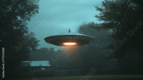 Flying saucer hovers ufo in the sky, with metallic surfaces reflecting sunlight. It moves swiftly, emitting bright lights photo