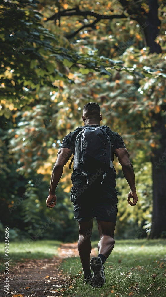 Obraz premium Young man wearing sport clothes doing rucking in the blooming park, back view
