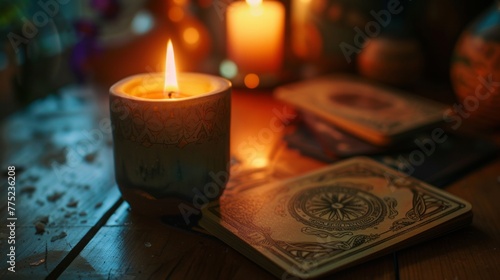 Tarot reader collects tarot cards. Tarot cards face down on a table next to burning candles.