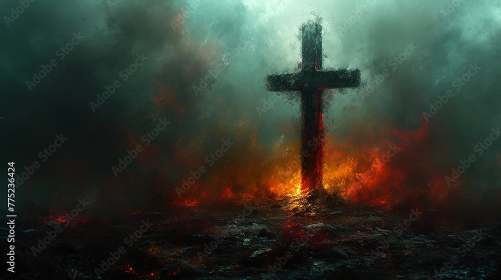 Cross in fiery landscape with smokey atmosphere