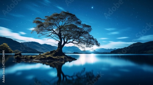 Starry night and lake a magical landscape with a tree © stocksbyrs