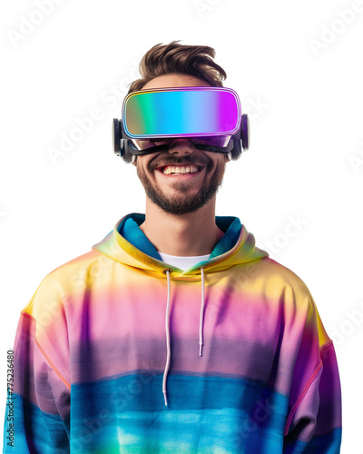 Young man wearing virtual reality headset isolated on transparent background, future tech concept