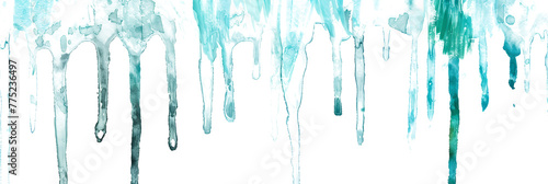 Turquoise and teal dripping watercolor paint stain on transparent background.