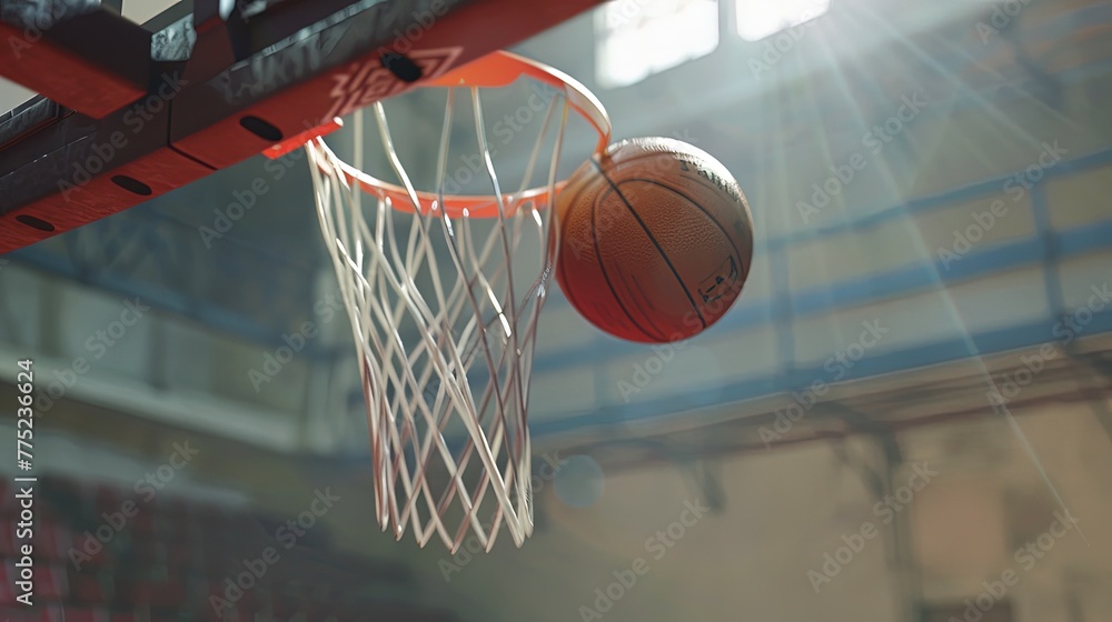Fototapeta premium The basketball is flying into the basket. Close-up. The basketball glides towards the hoop, capturing the intensity of the shot.