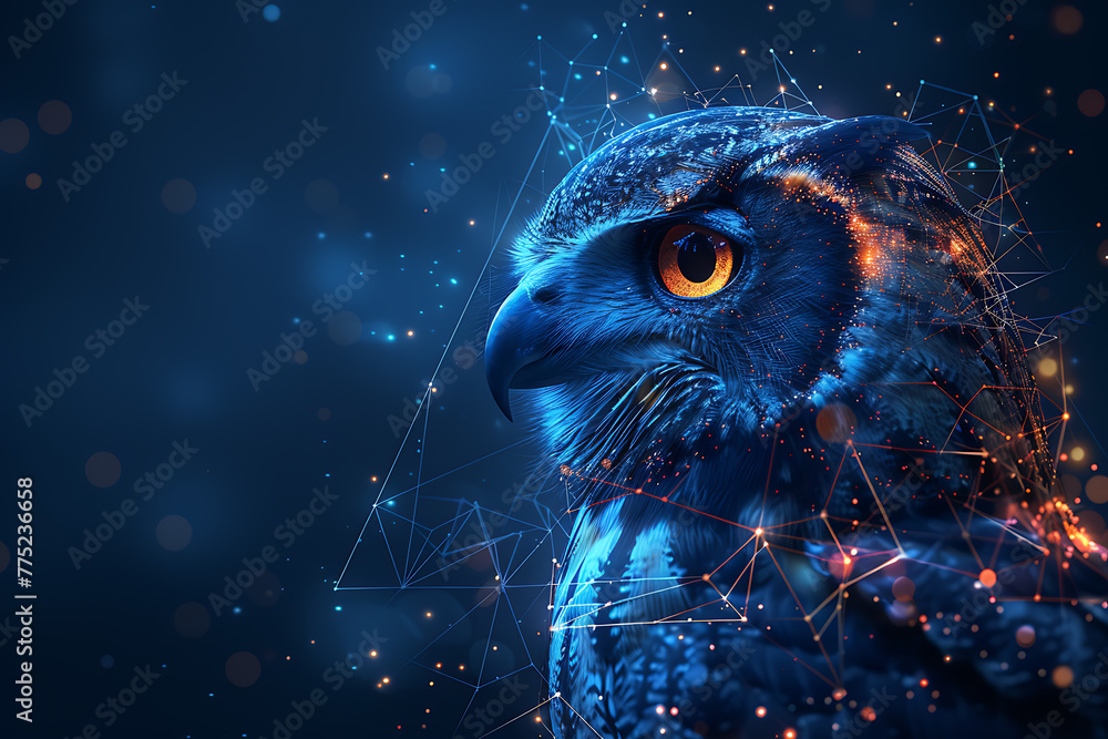 Mesmerizing owl illustration featuring intricate digital wireframe polygons and cutting-edge line and dot technology, perfect for modern design projects and wildlife-themed compositions